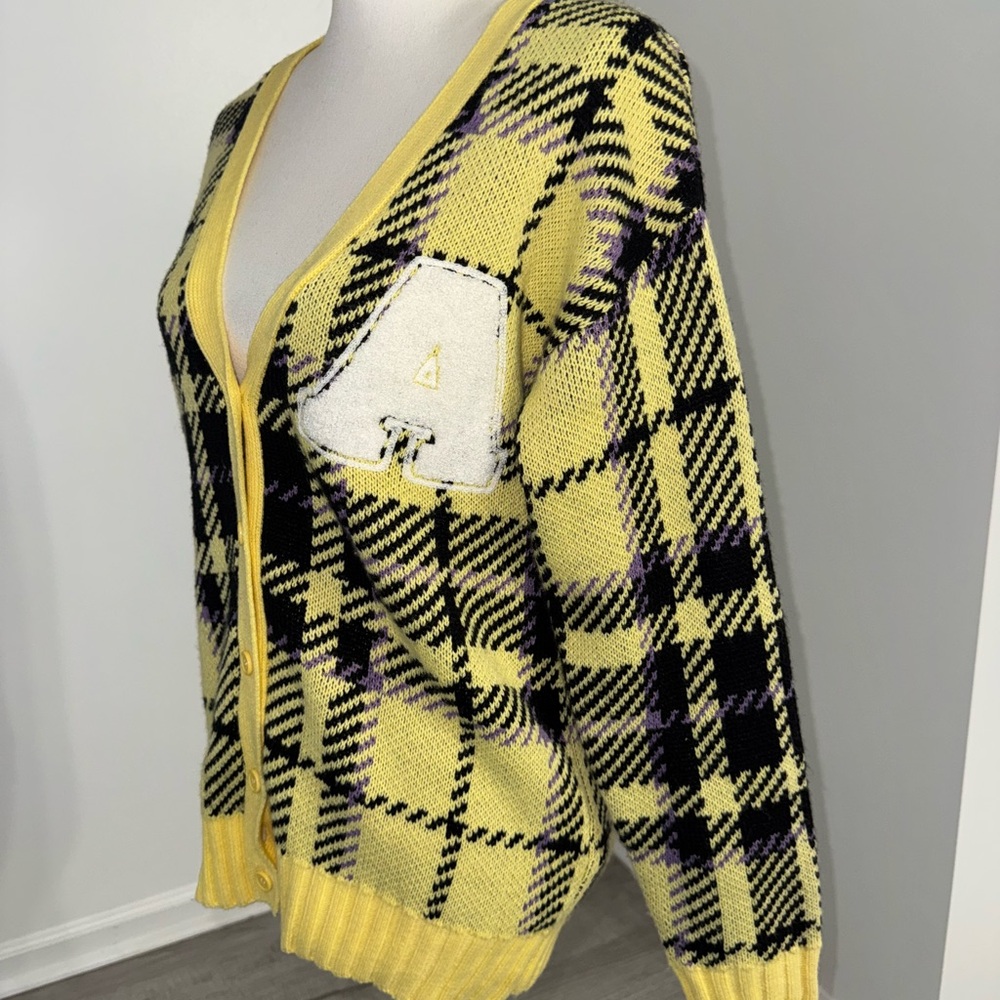 Forever 21 Yellow Plaid Cardigan Small Wool Blend Button Front Sweater - Picture 3 of 8